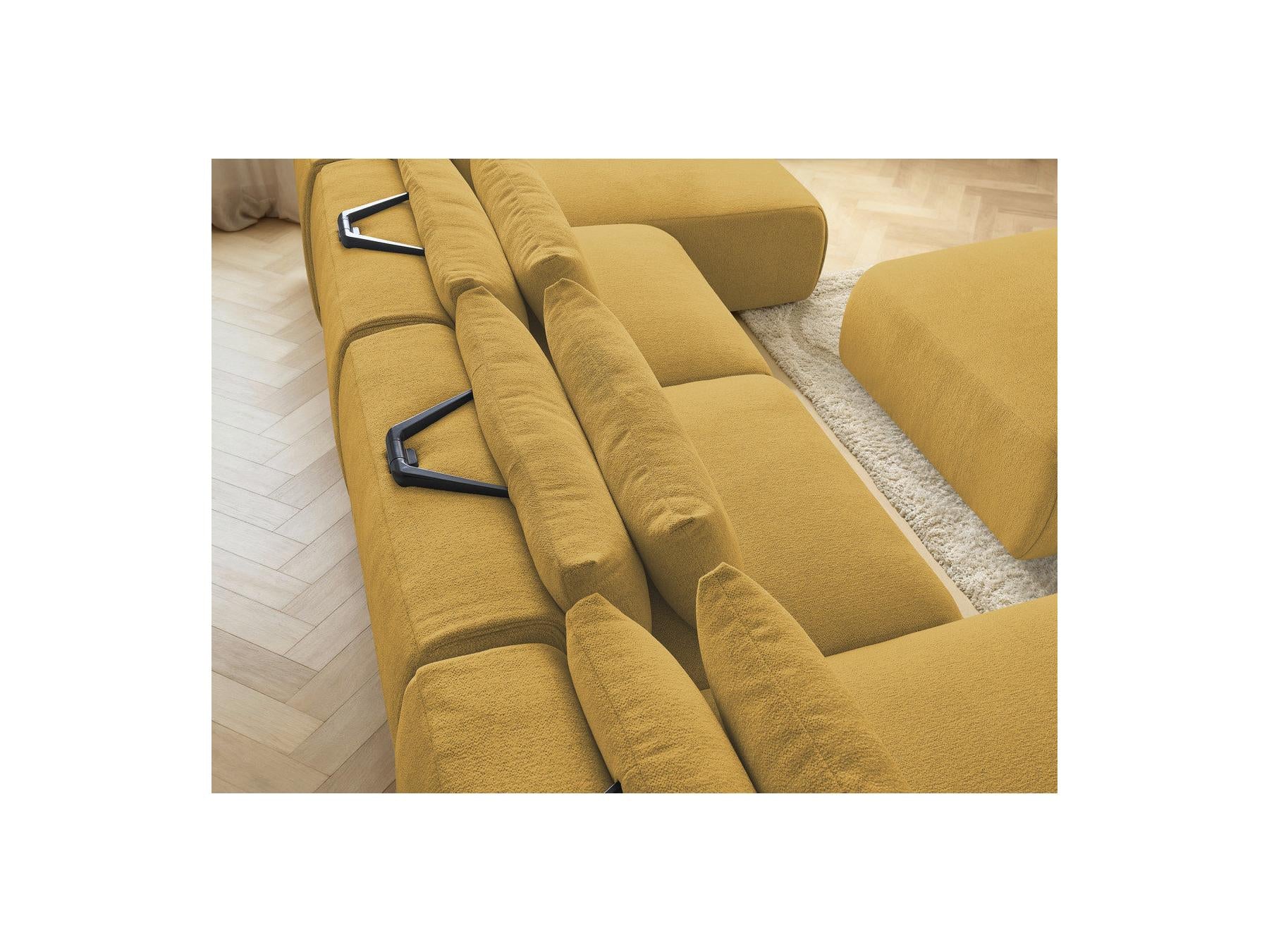 Jana - Canapé Panoramique Fixe Modulable Avec Têtières - Tissu Chiné Avec 2 Méridiennes, 2 Chauffeuses Et 1 Grand Pouf
