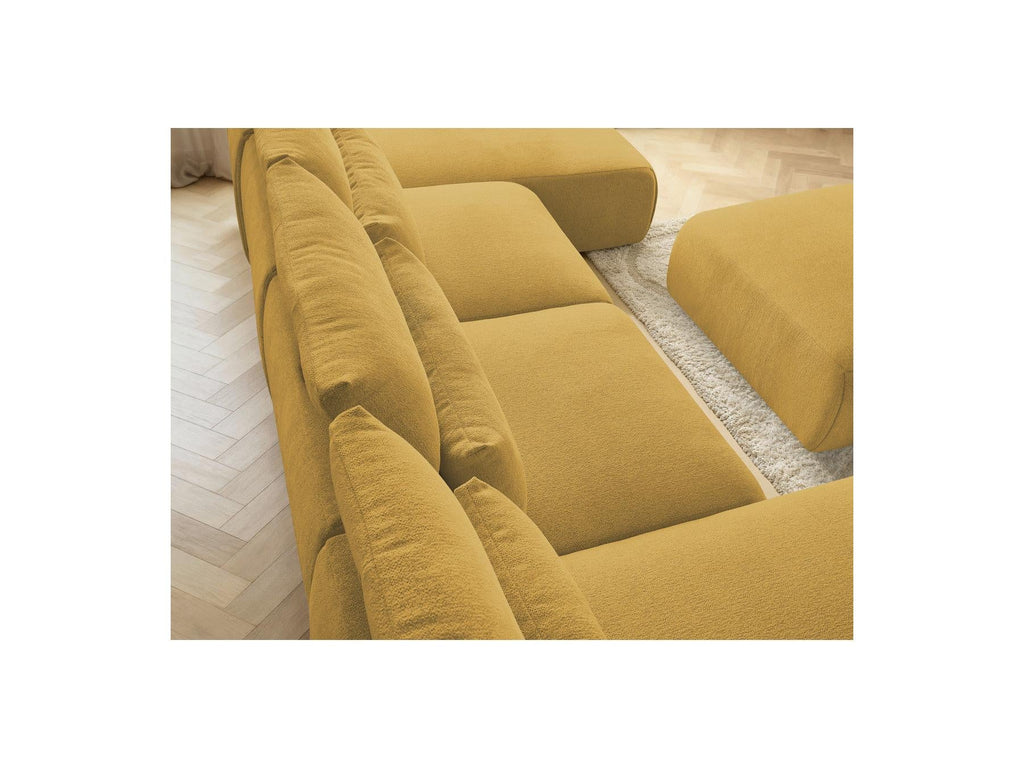 Jana - Canapé Panoramique Fixe Modulable Avec Têtières - Tissu Chiné Avec 2 Méridiennes, 2 Chauffeuses Et 1 Grand Pouf