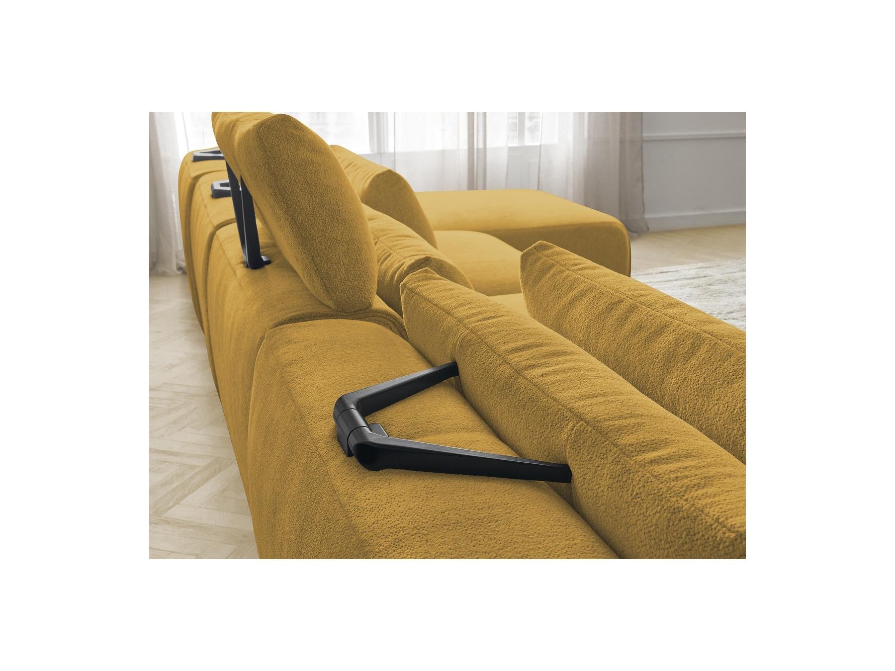 Jana - Canapé Panoramique Fixe Modulable Avec Têtières - Tissu Chiné Avec 2 Méridiennes, 2 Chauffeuses Et 1 Grand Pouf