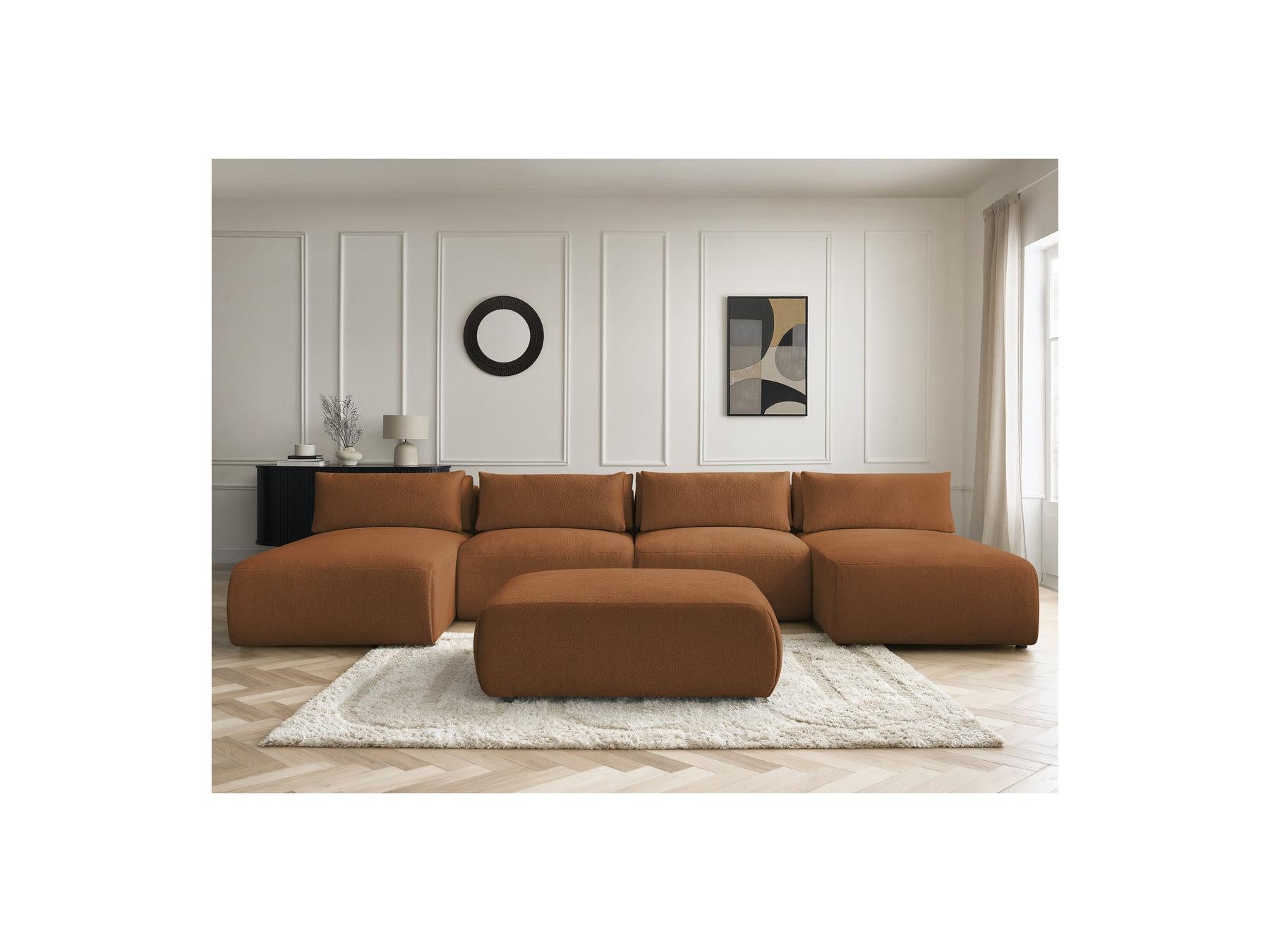 Jana - Canapé Panoramique Fixe Modulable Avec Têtières - Tissu Chiné Avec 2 Méridiennes, 2 Chauffeuses Et 1 Grand Pouf