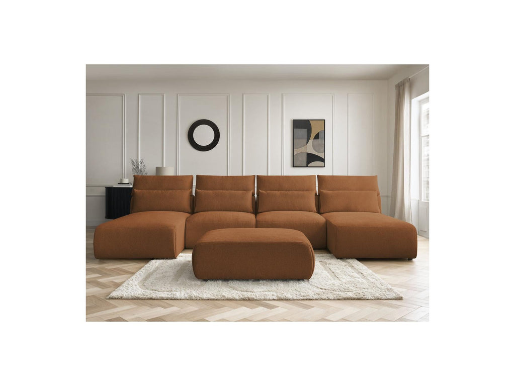 Jana - Canapé Panoramique Fixe Modulable Avec Têtières - Tissu Chiné Avec 2 Méridiennes, 2 Chauffeuses Et 1 Grand Pouf