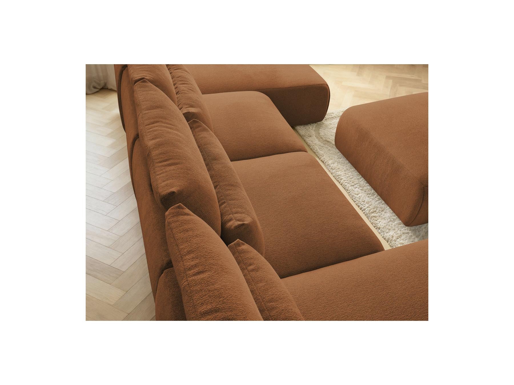 Jana - Canapé Panoramique Fixe Modulable Avec Têtières - Tissu Chiné Avec 2 Méridiennes, 2 Chauffeuses Et 1 Grand Pouf
