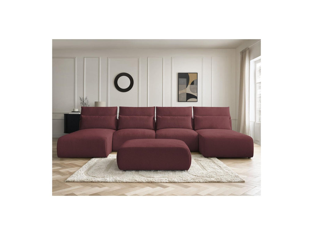 Jana - Canapé Panoramique Fixe Modulable Avec Têtières - Tissu Chiné Avec 2 Méridiennes, 2 Chauffeuses Et 1 Grand Pouf