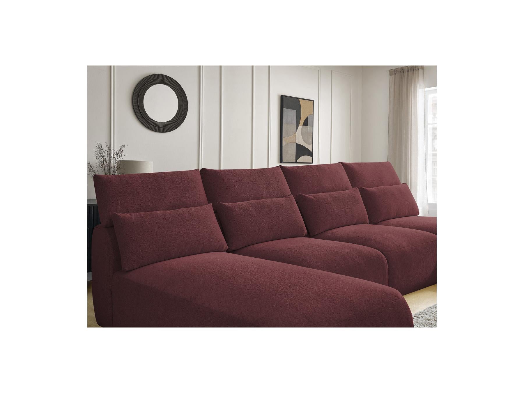 Jana - Canapé Panoramique Fixe Modulable Avec Têtières - Tissu Chiné Avec 2 Méridiennes, 2 Chauffeuses Et 1 Grand Pouf