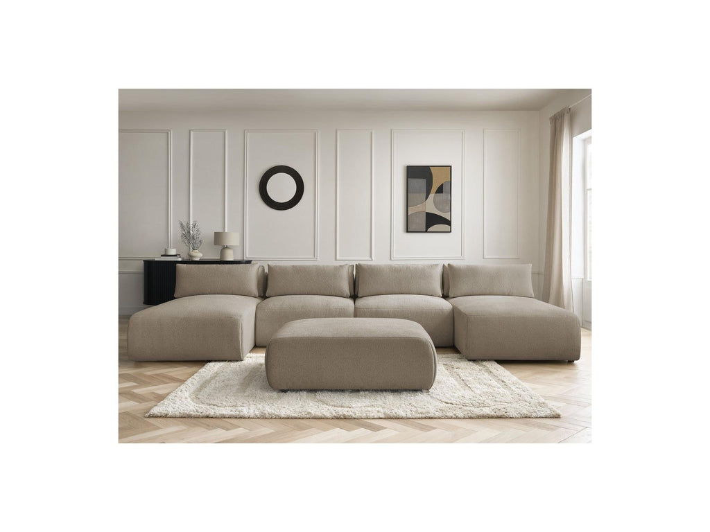 Jana - Canapé Panoramique Fixe Modulable Avec Têtières - Tissu Chiné Avec 2 Méridiennes, 2 Chauffeuses Et 1 Grand Pouf