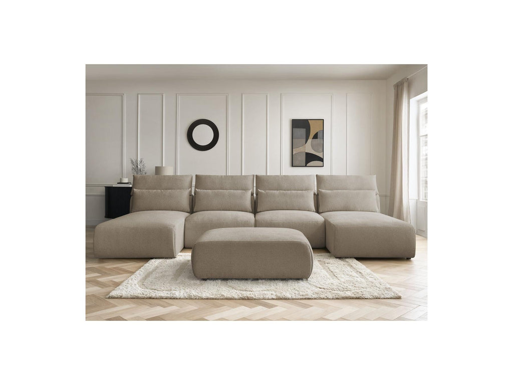 Jana - Canapé Panoramique Fixe Modulable Avec Têtières - Tissu Chiné Avec 2 Méridiennes, 2 Chauffeuses Et 1 Grand Pouf