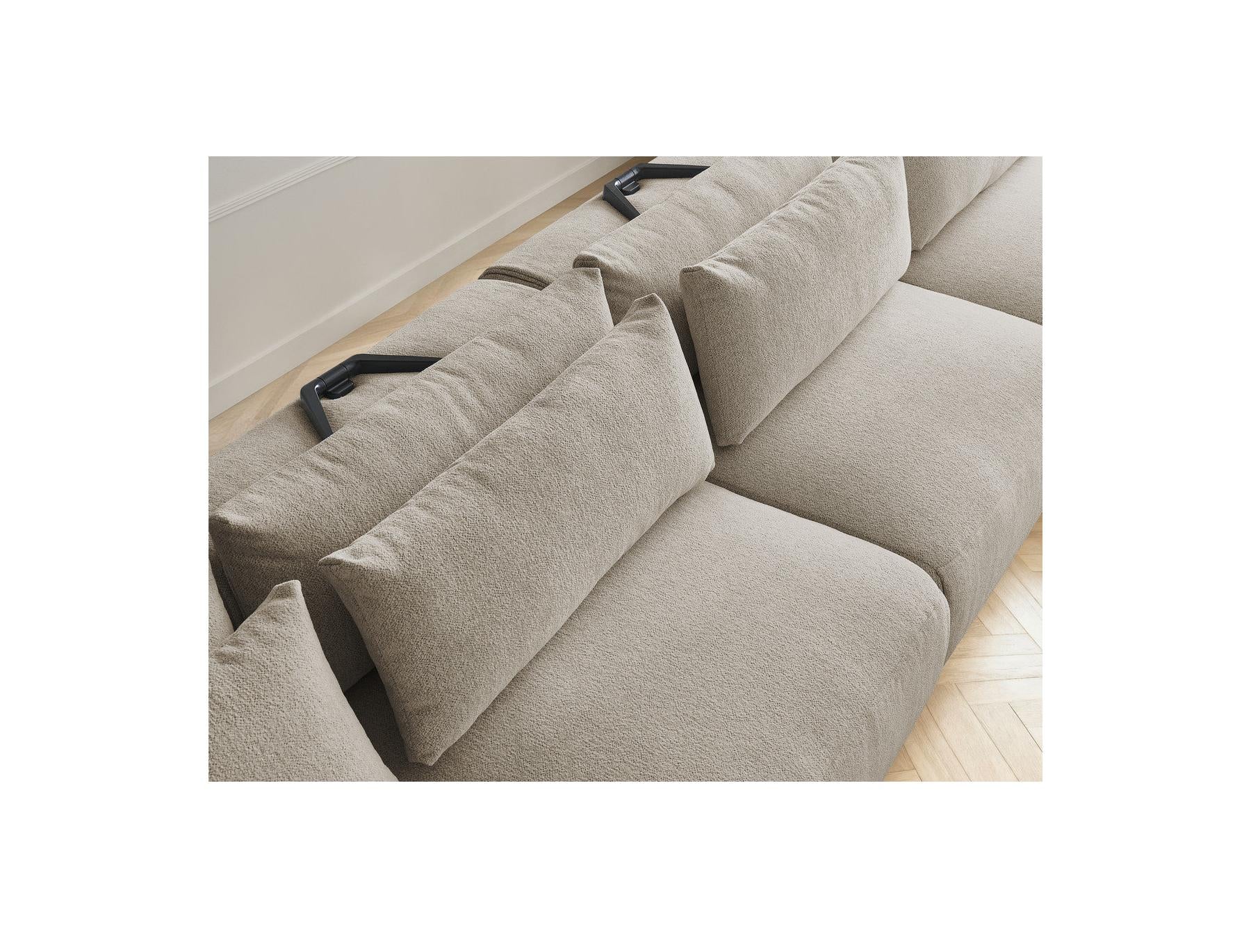 Jana - Canapé Panoramique Fixe Modulable Avec Têtières - Tissu Chiné Avec 2 Méridiennes, 2 Chauffeuses Et 1 Grand Pouf