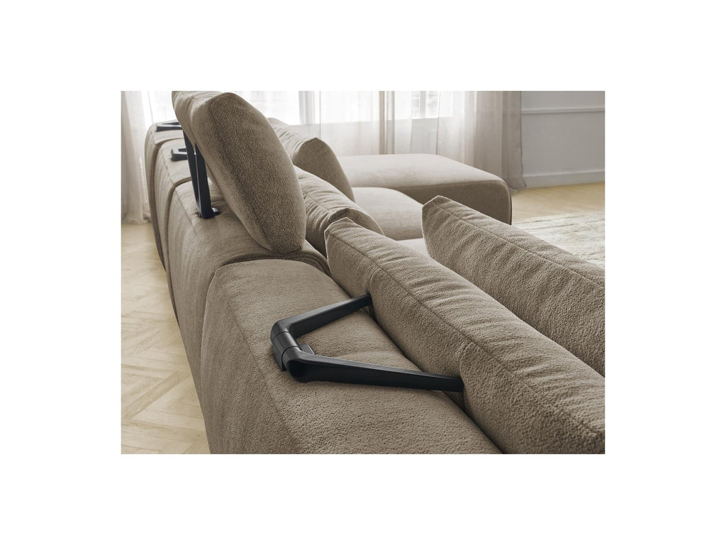 Jana - Canapé Panoramique Fixe Modulable Avec Têtières - Tissu Chiné Avec 2 Méridiennes, 2 Chauffeuses Et 1 Grand Pouf