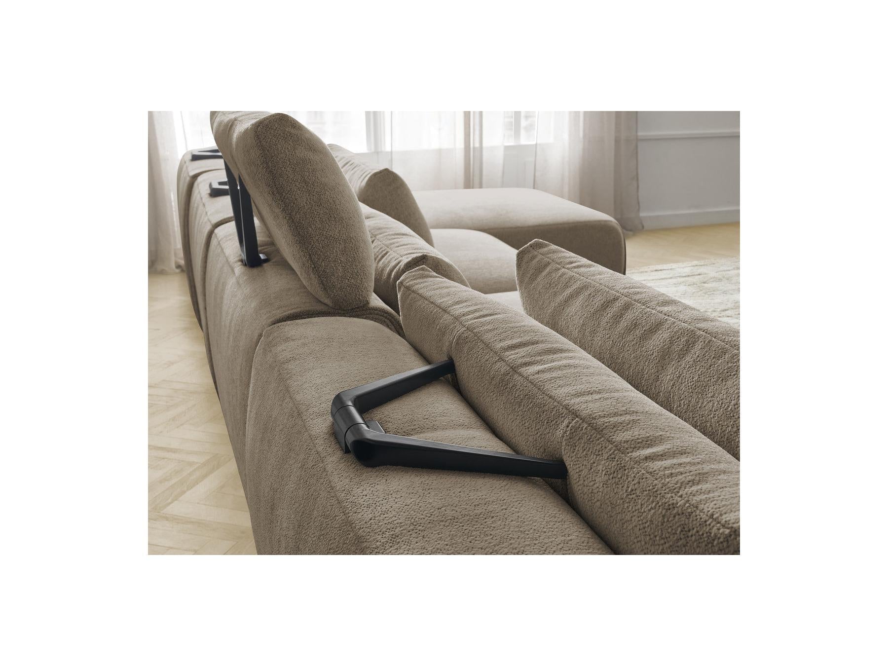Jana - Canapé Panoramique Fixe Modulable Avec Têtières - Tissu Chiné Avec 2 Méridiennes, 2 Chauffeuses Et 1 Grand Pouf