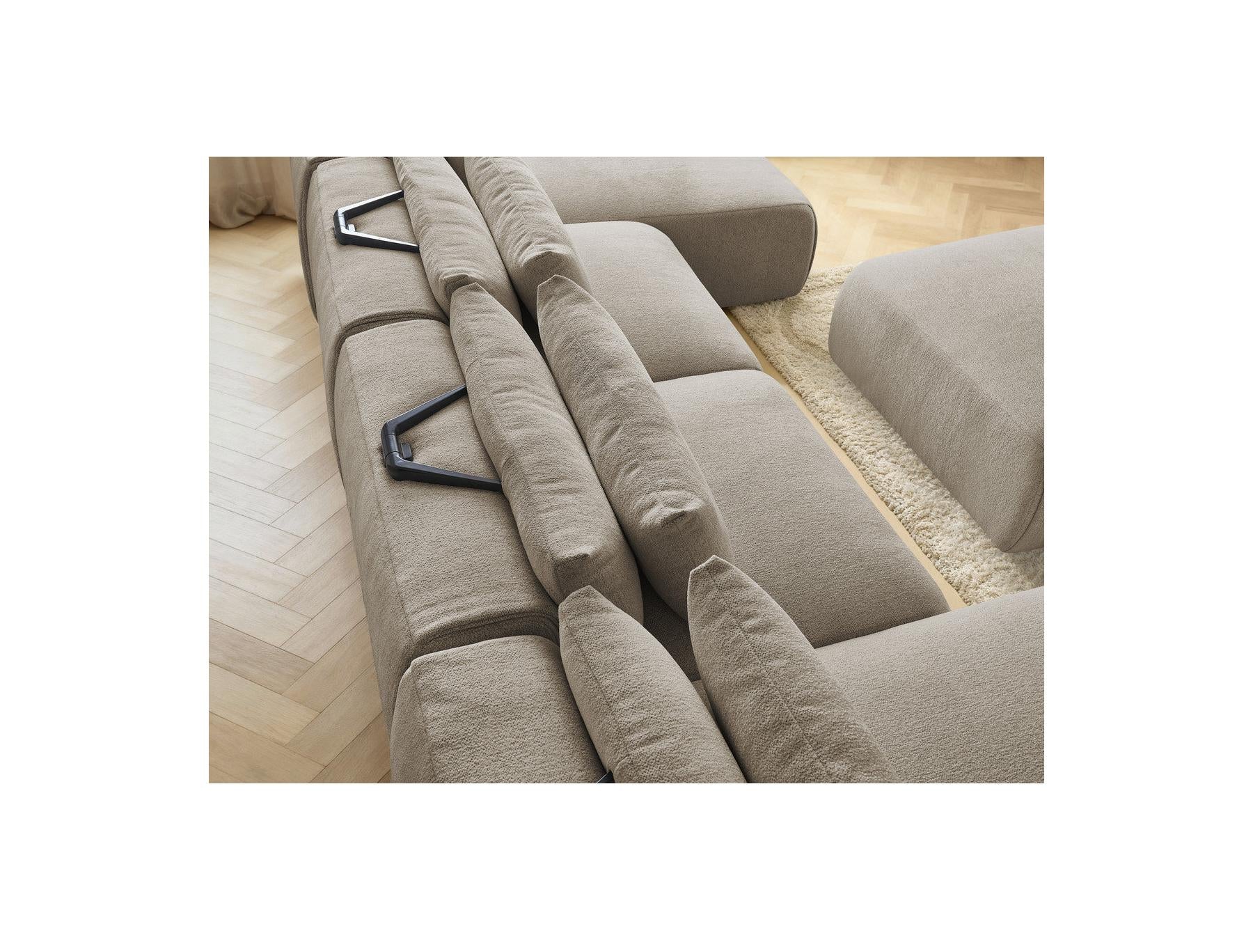 Jana - Canapé Panoramique Fixe Modulable Avec Têtières - Tissu Chiné Avec 2 Méridiennes, 2 Chauffeuses Et 1 Grand Pouf