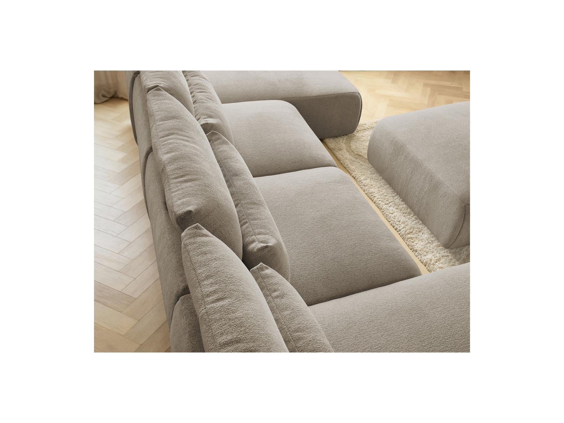 Jana - Canapé Panoramique Fixe Modulable Avec Têtières - Tissu Chiné Avec 2 Méridiennes, 2 Chauffeuses Et 1 Grand Pouf