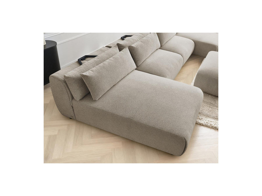 Jana - Canapé Panoramique Fixe Modulable Avec Têtières - Tissu Chiné Avec 2 Méridiennes, 2 Chauffeuses Et 1 Grand Pouf