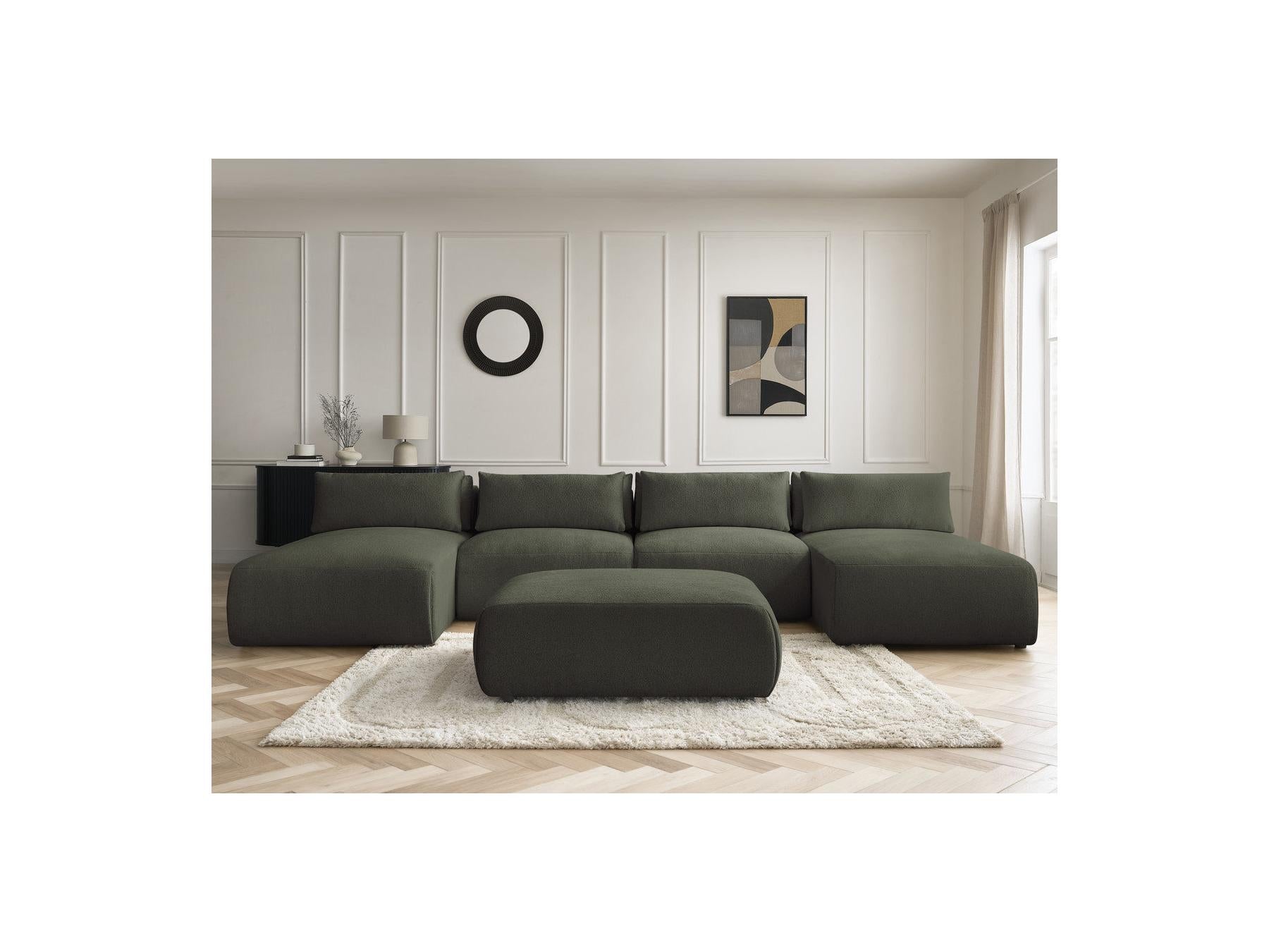 Jana - Canapé Panoramique Fixe Modulable Avec Têtières - Tissu Chiné Avec 2 Méridiennes, 2 Chauffeuses Et 1 Grand Pouf
