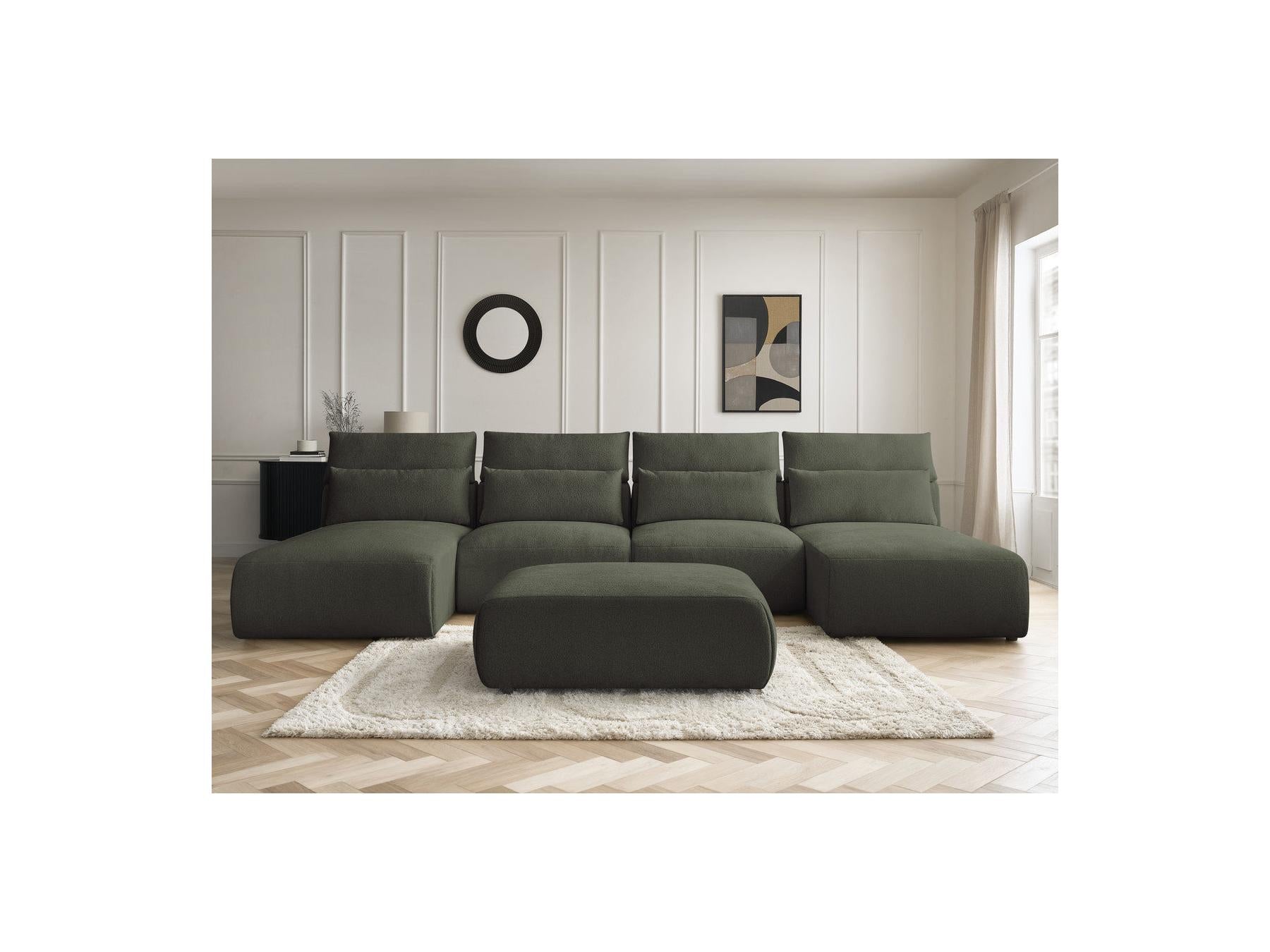 Jana - Canapé Panoramique Fixe Modulable Avec Têtières - Tissu Chiné Avec 2 Méridiennes, 2 Chauffeuses Et 1 Grand Pouf