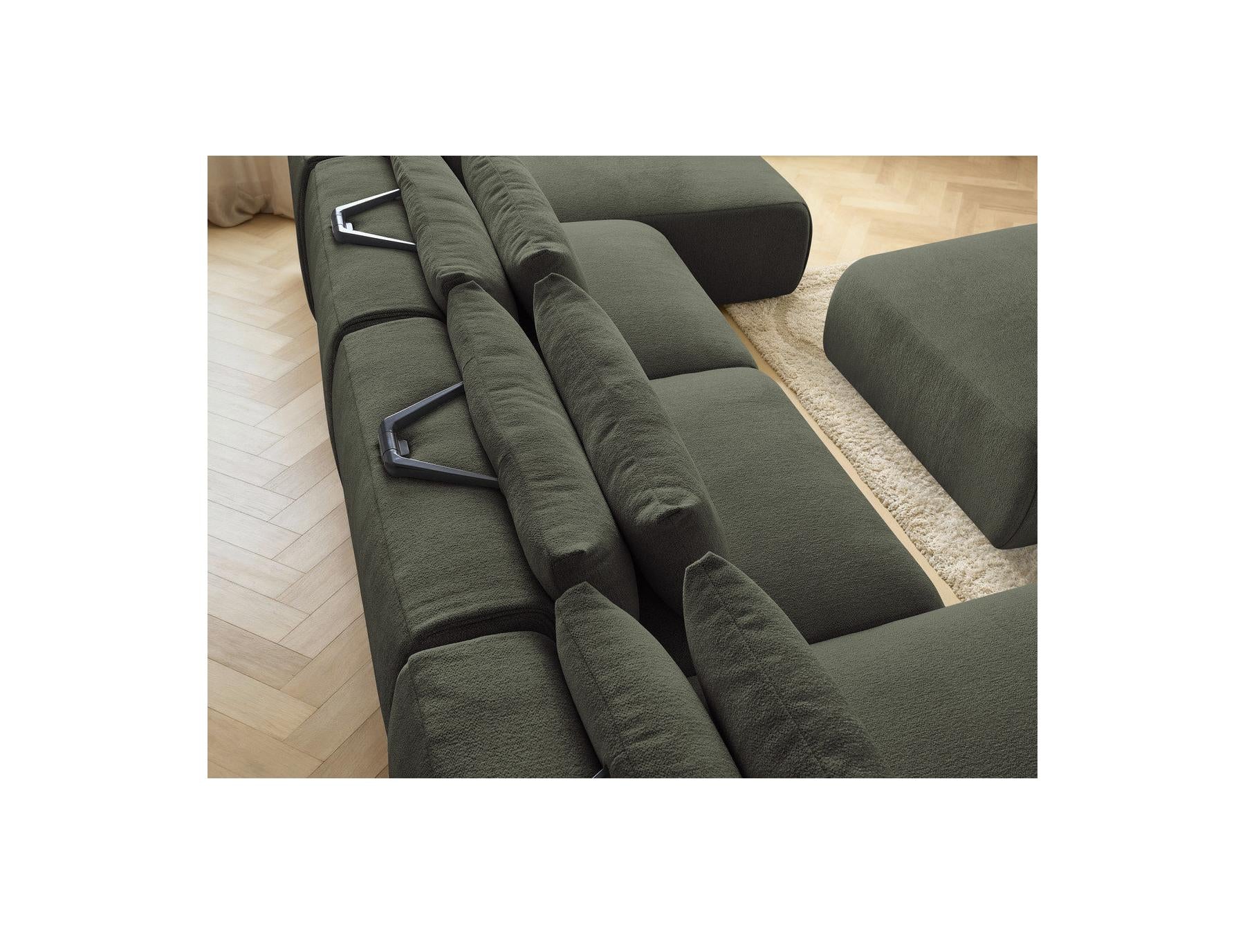 Jana - Canapé Panoramique Fixe Modulable Avec Têtières - Tissu Chiné Avec 2 Méridiennes, 2 Chauffeuses Et 1 Grand Pouf