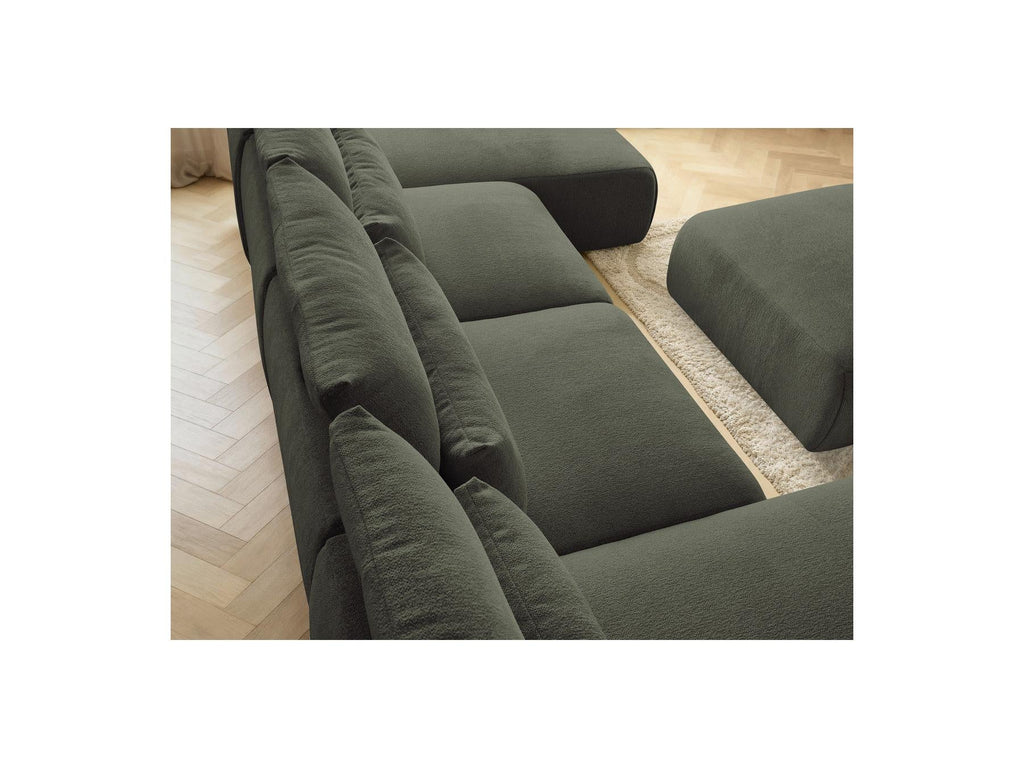 Jana - Canapé Panoramique Fixe Modulable Avec Têtières - Tissu Chiné Avec 2 Méridiennes, 2 Chauffeuses Et 1 Grand Pouf
