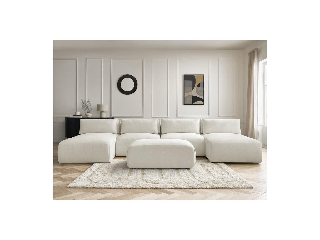 Jana - Canapé Panoramique Fixe Modulable Avec Têtières - Tissu Chiné Avec 2 Méridiennes, 2 Chauffeuses Et 1 Petit Pouf