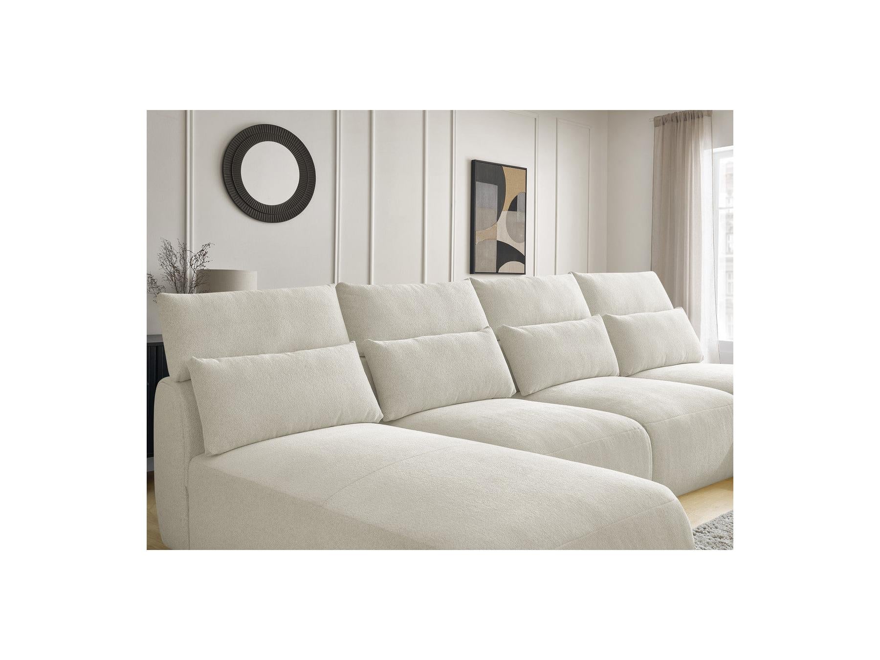 Jana - Canapé Panoramique Fixe Modulable Avec Têtières - Tissu Chiné Avec 2 Méridiennes, 2 Chauffeuses Et 1 Petit Pouf