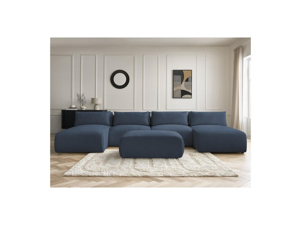 Jana - Canapé Panoramique Fixe Modulable Avec Têtières - Tissu Chiné Avec 2 Méridiennes, 2 Chauffeuses Et 1 Petit Pouf