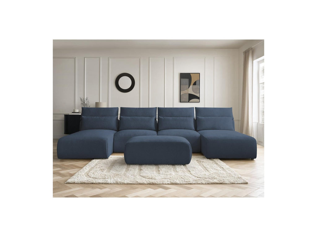 Jana - Canapé Panoramique Fixe Modulable Avec Têtières - Tissu Chiné Avec 2 Méridiennes, 2 Chauffeuses Et 1 Petit Pouf