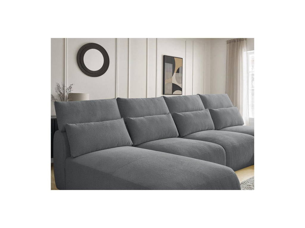 Jana - Canapé Panoramique Fixe Modulable Avec Têtières - Tissu Chiné Avec 2 Méridiennes, 2 Chauffeuses Et 1 Petit Pouf