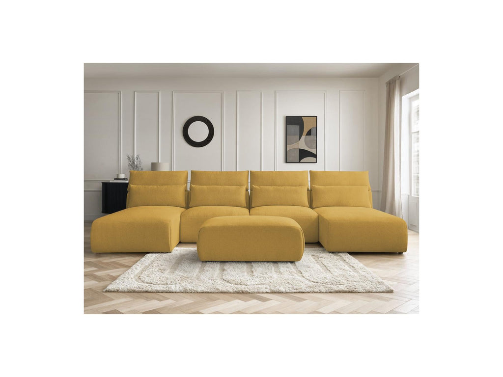 Jana - Canapé Panoramique Fixe Modulable Avec Têtières - Tissu Chiné Avec 2 Méridiennes, 2 Chauffeuses Et 1 Petit Pouf