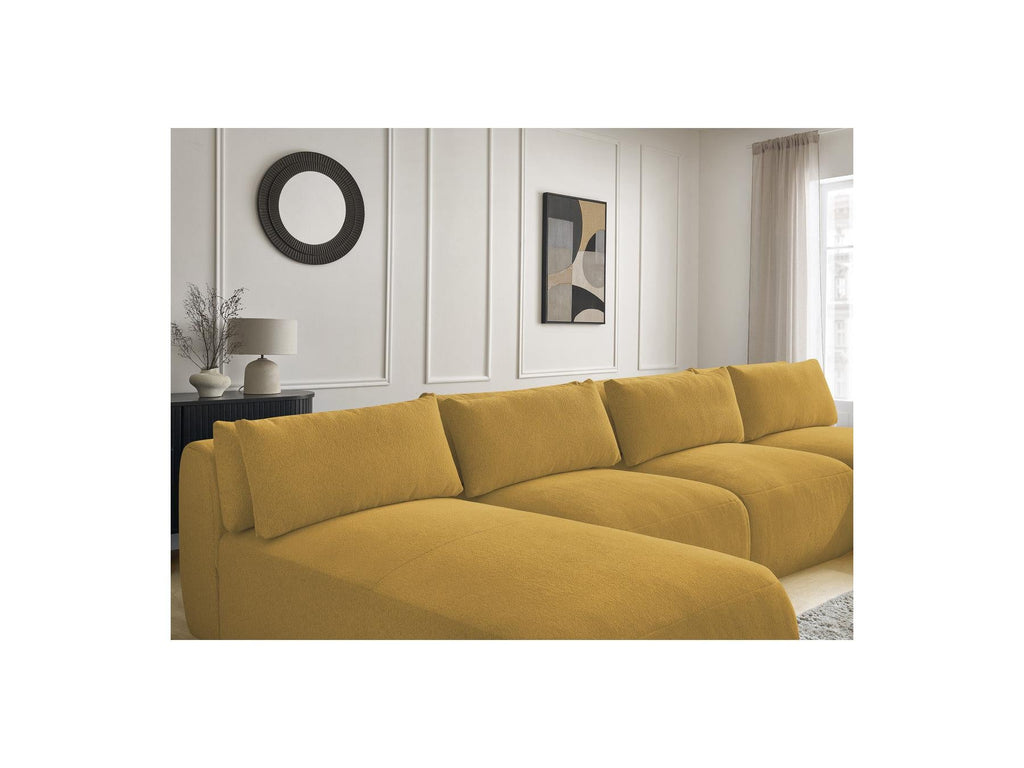 Jana - Canapé Panoramique Fixe Modulable Avec Têtières - Tissu Chiné Avec 2 Méridiennes, 2 Chauffeuses Et 1 Petit Pouf