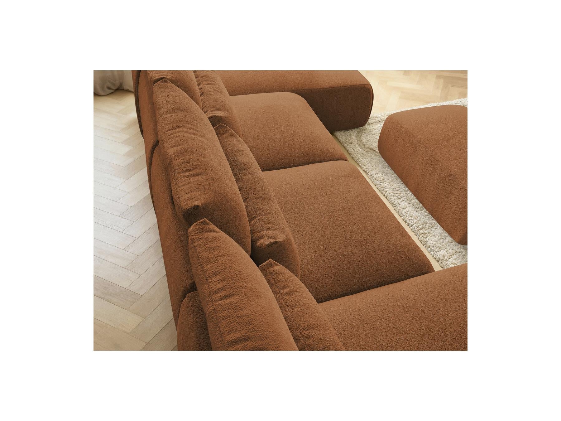 Jana - Canapé Panoramique Fixe Modulable Avec Têtières - Tissu Chiné Avec 2 Méridiennes, 2 Chauffeuses Et 1 Petit Pouf