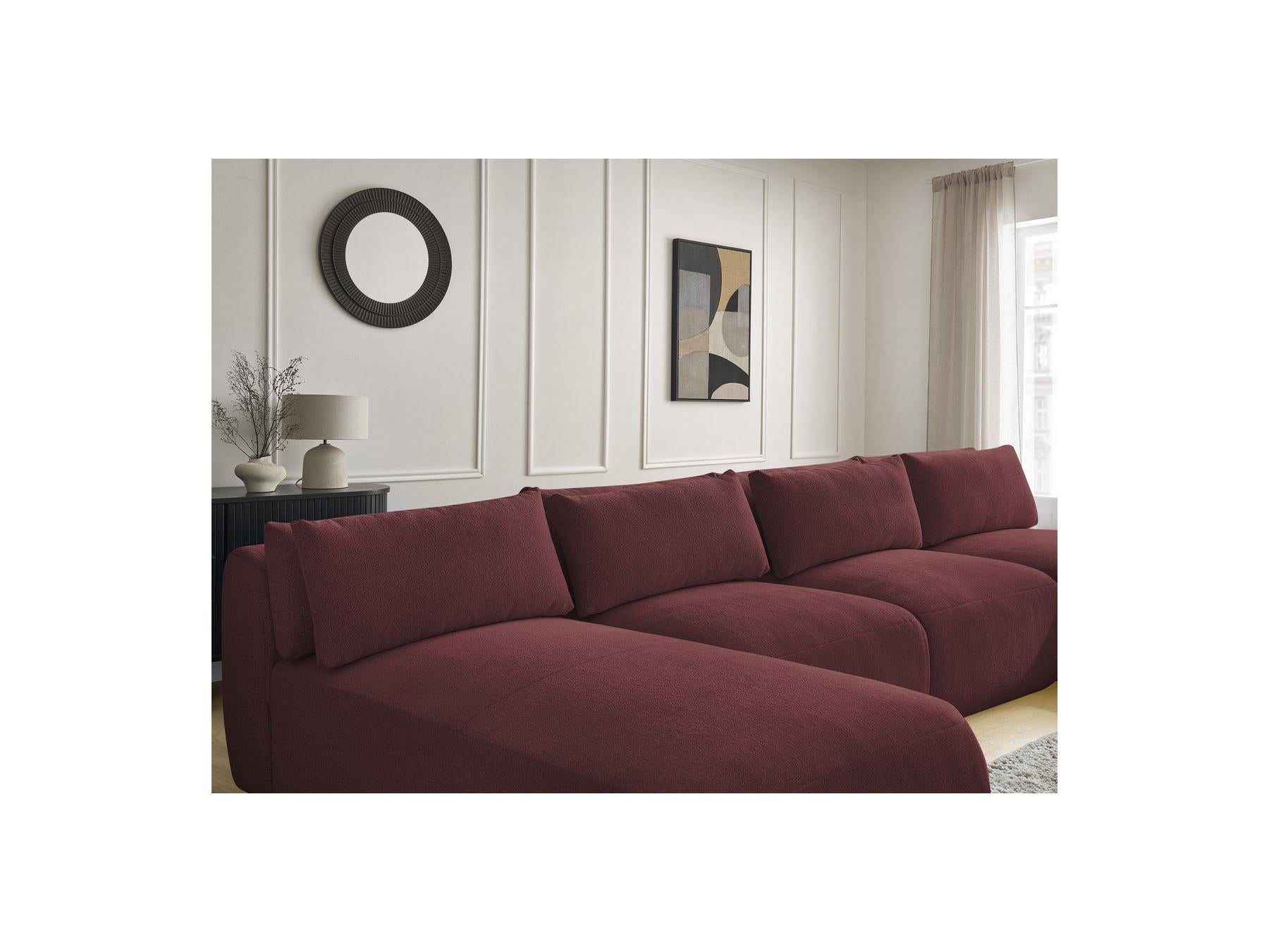 Jana - Canapé Panoramique Fixe Modulable Avec Têtières - Tissu Chiné Avec 2 Méridiennes, 2 Chauffeuses Et 1 Petit Pouf