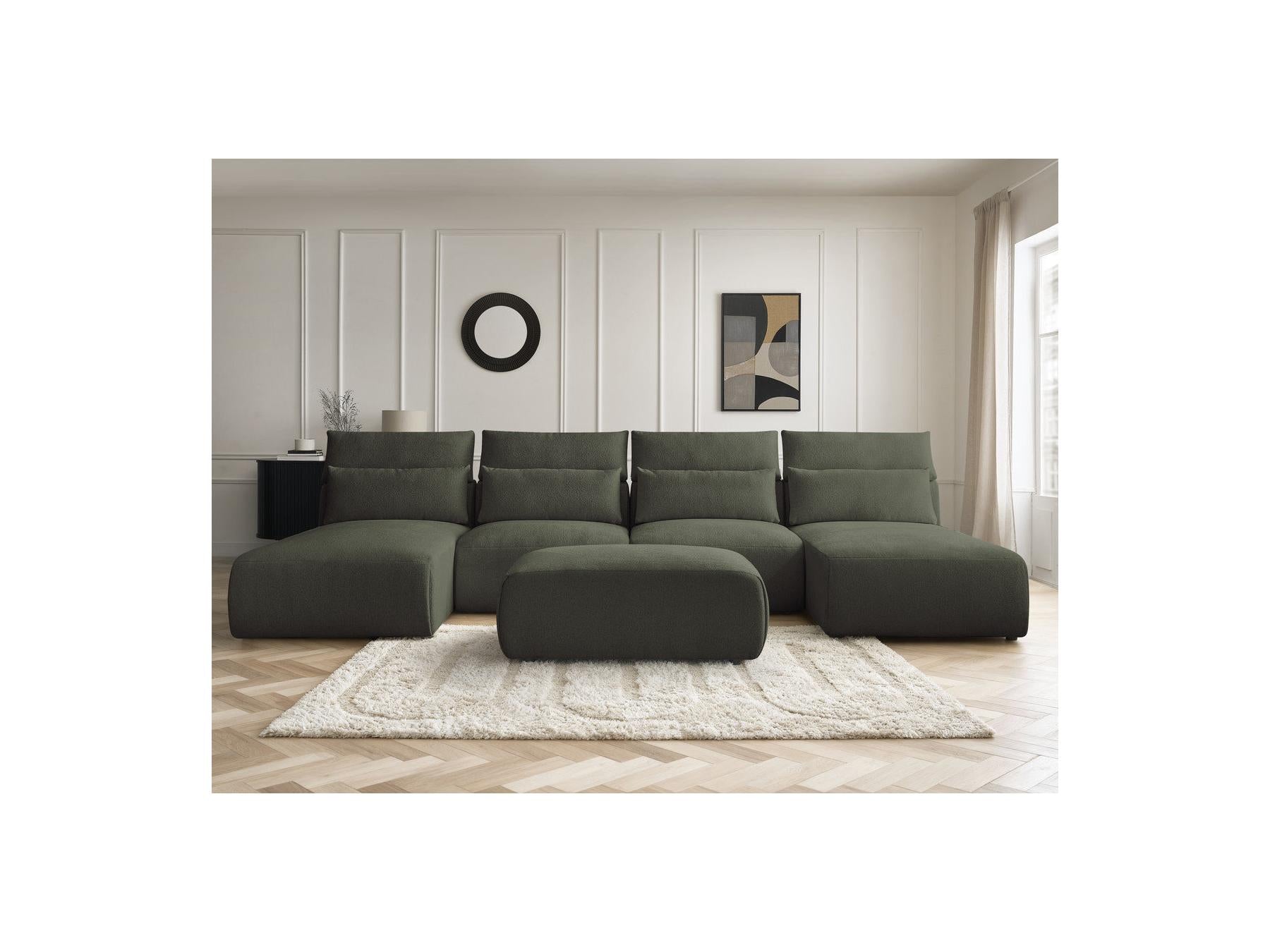 Jana - Canapé Panoramique Fixe Modulable Avec Têtières - Tissu Chiné Avec 2 Méridiennes, 2 Chauffeuses Et 1 Petit Pouf