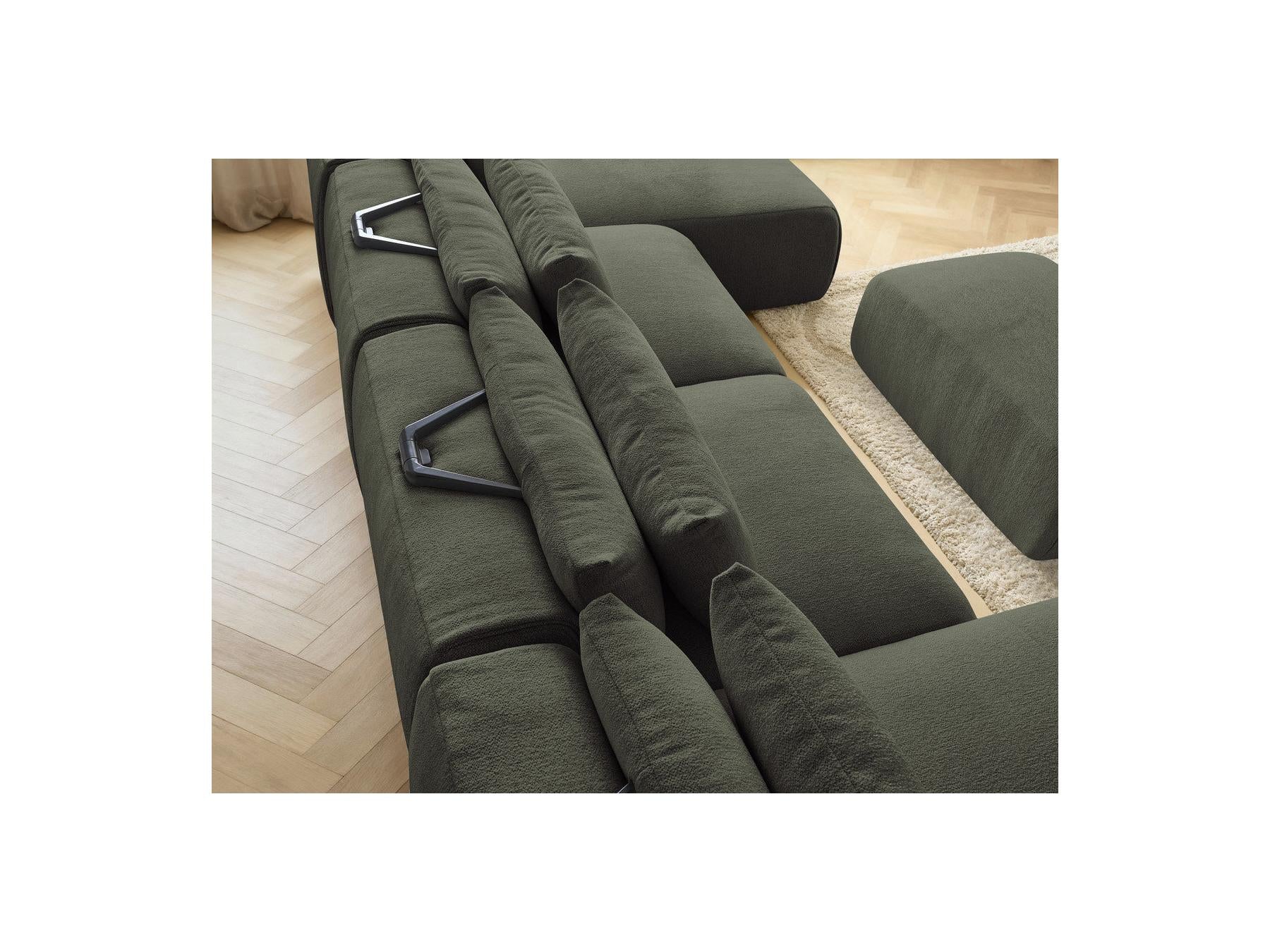 Jana - Canapé Panoramique Fixe Modulable Avec Têtières - Tissu Chiné Avec 2 Méridiennes, 2 Chauffeuses Et 1 Petit Pouf