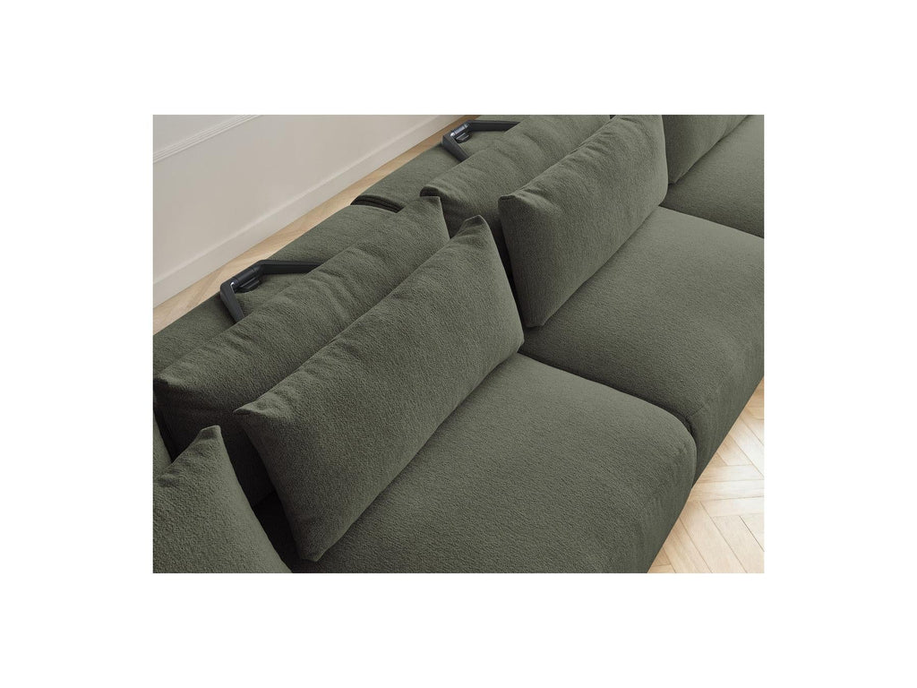 Jana - Canapé Panoramique Fixe Modulable Avec Têtières - Tissu Chiné Avec 2 Méridiennes, 2 Chauffeuses Et 1 Petit Pouf