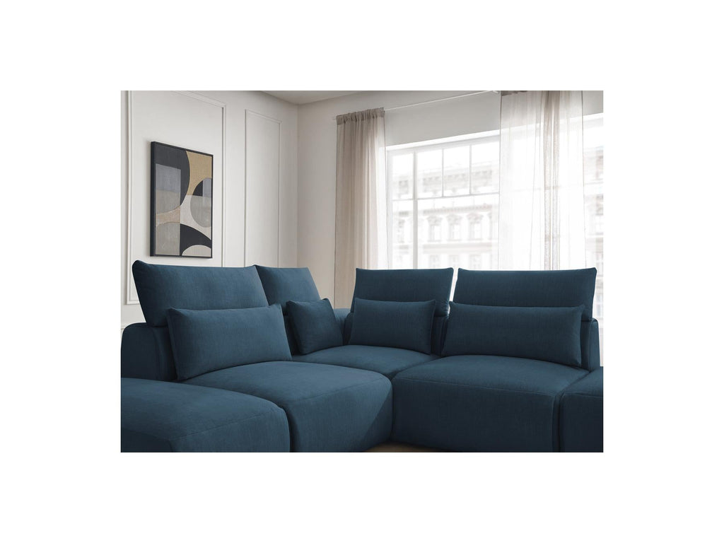 Jana - Canapé D'Angle Fixe Modulable Avec Têtières - Tissu Velours Avec 2 Chauffeuses, 1 Angle Et 2 Poufs - Réversible