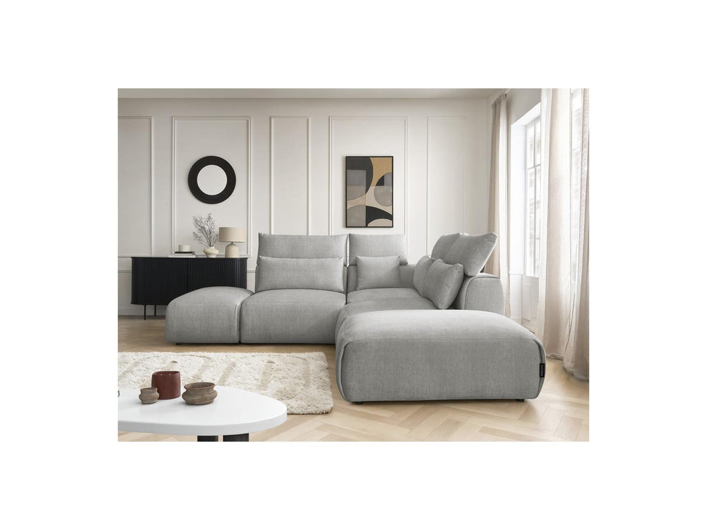 Jana - Canapé D'Angle Fixe Modulable Avec Têtières - Tissu Velours Avec 2 Chauffeuses, 1 Angle Et 2 Poufs - Réversible