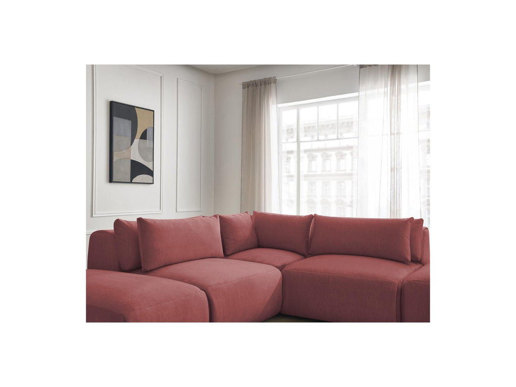 Jana - Canapé D'Angle Fixe Modulable Avec Têtières - Tissu Velours Avec 2 Chauffeuses, 1 Angle Et 2 Poufs - Réversible