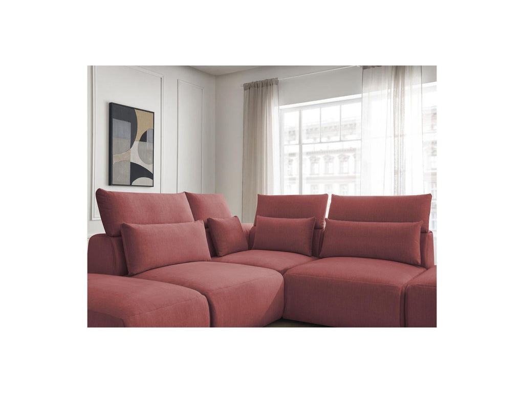 Jana - Canapé D'Angle Fixe Modulable Avec Têtières - Tissu Velours Avec 2 Chauffeuses, 1 Angle Et 2 Poufs - Réversible