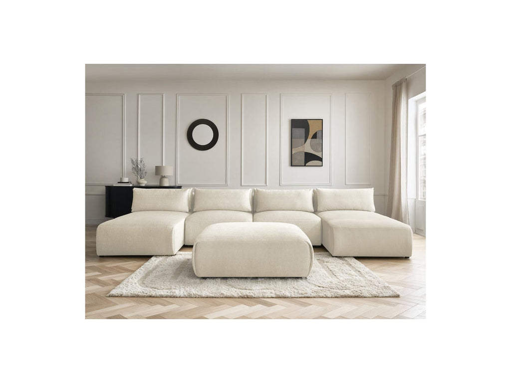 Jana - Canapé Panoramique Fixe Modulable Avec Têtières - Tissu Velours Avec 2 Méridiennes, 2 Chauffeuses Et 1 Grand Pouf