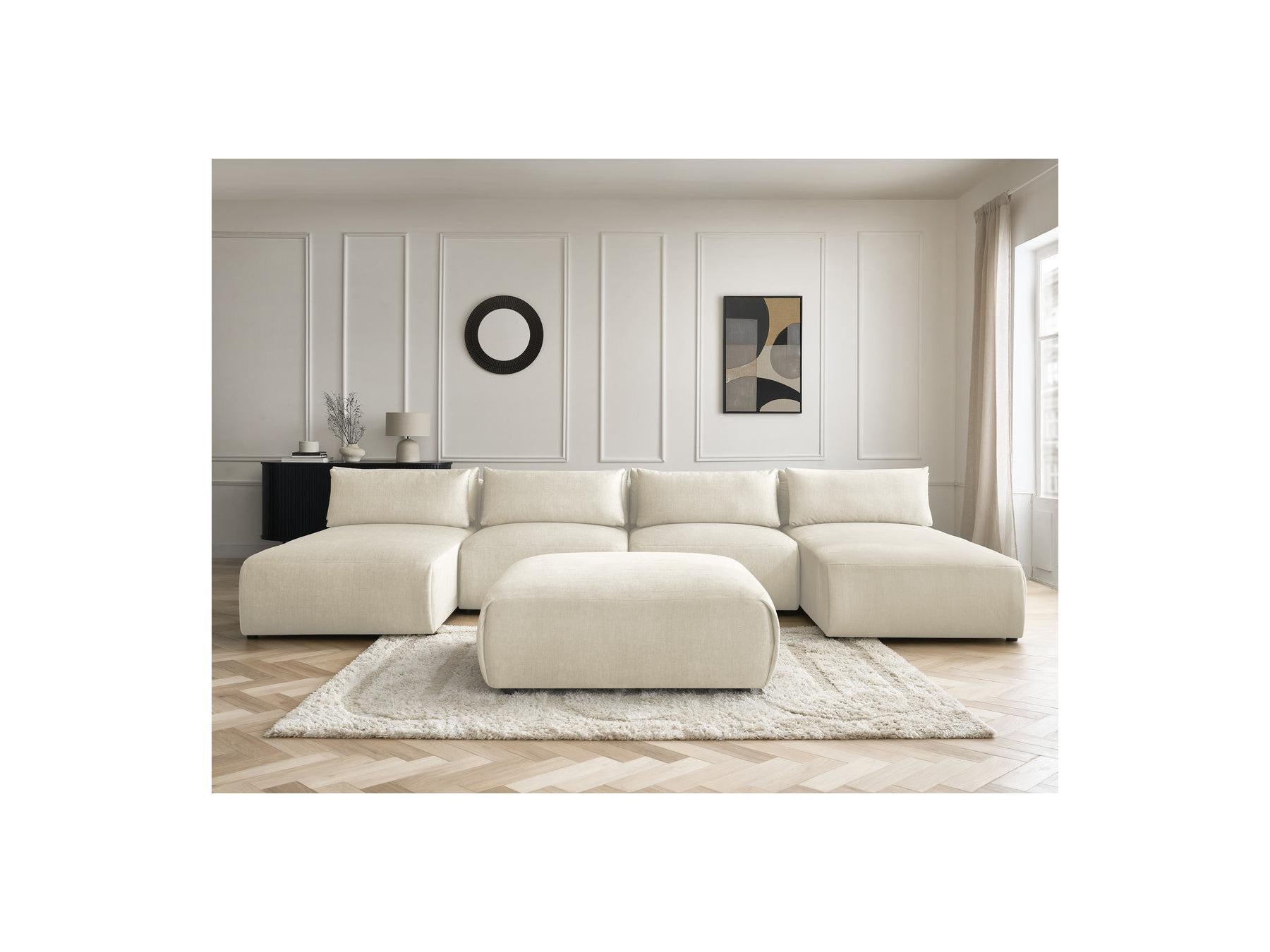 Jana - Canapé Panoramique Fixe Modulable Avec Têtières - Tissu Velours Avec 2 Méridiennes, 2 Chauffeuses Et 1 Grand Pouf