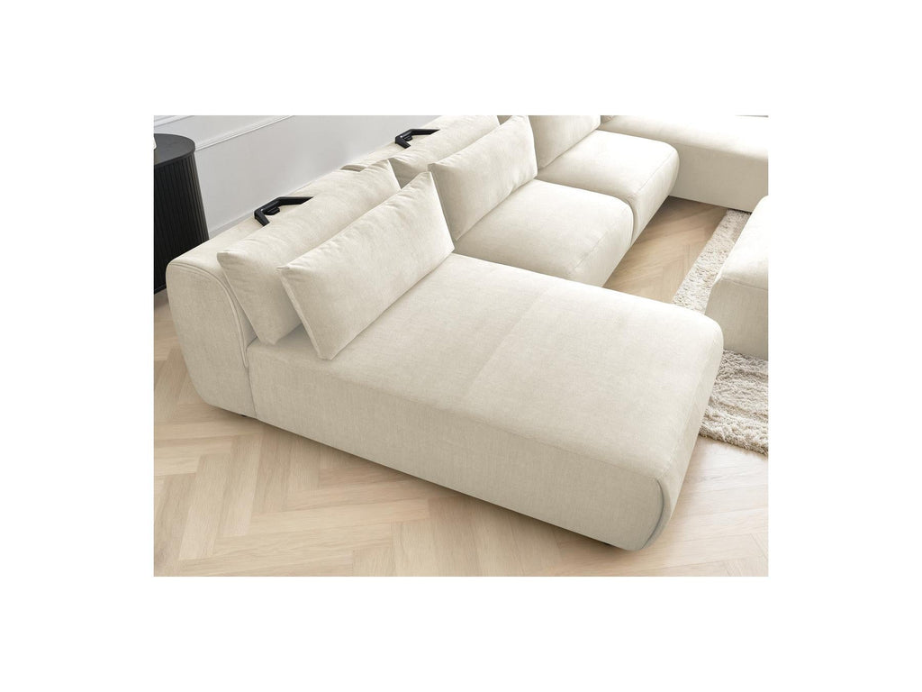 Jana - Canapé Panoramique Fixe Modulable Avec Têtières - Tissu Velours Avec 2 Méridiennes, 2 Chauffeuses Et 1 Grand Pouf