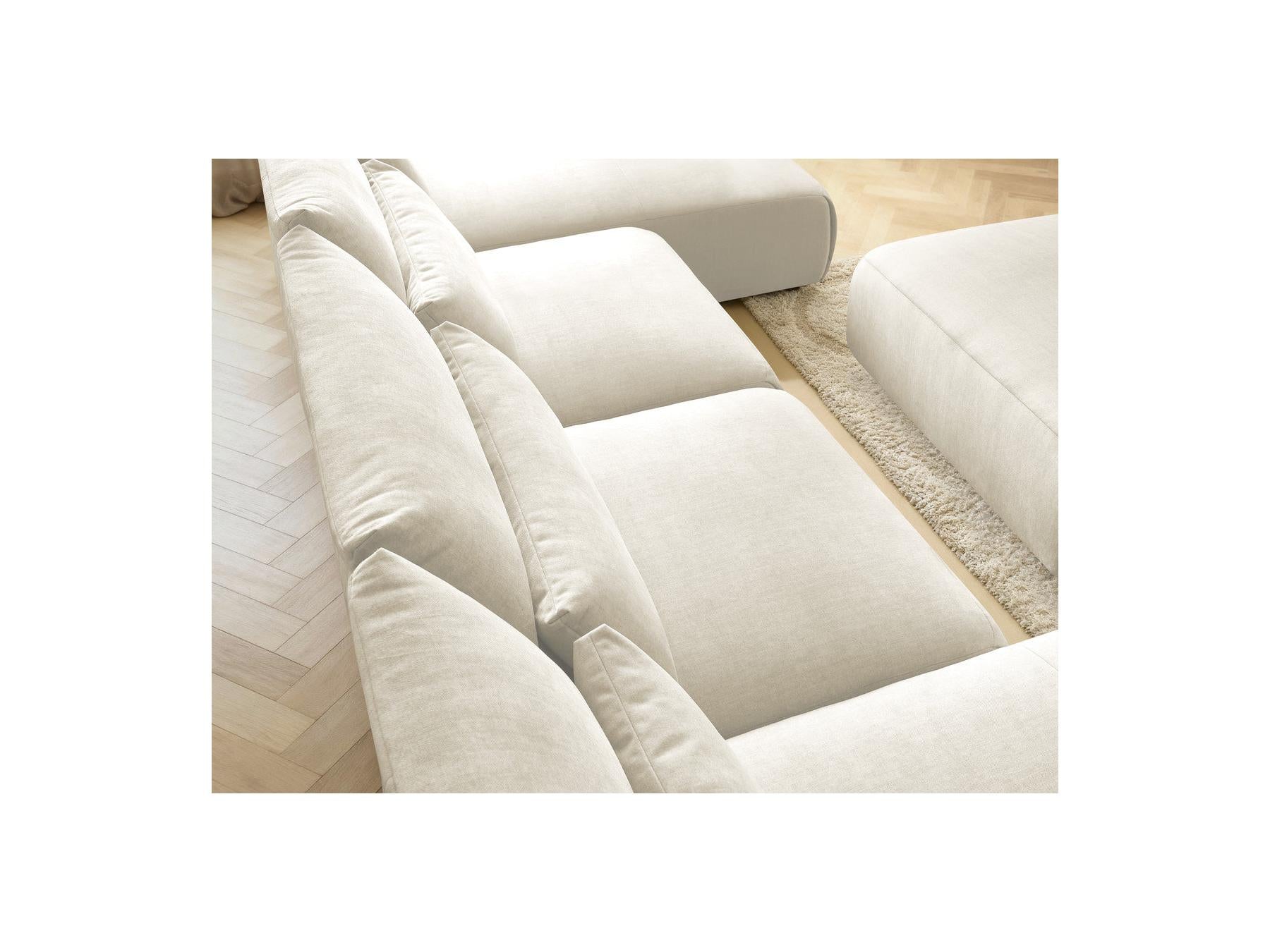 Jana - Canapé Panoramique Fixe Modulable Avec Têtières - Tissu Velours Avec 2 Méridiennes, 2 Chauffeuses Et 1 Grand Pouf
