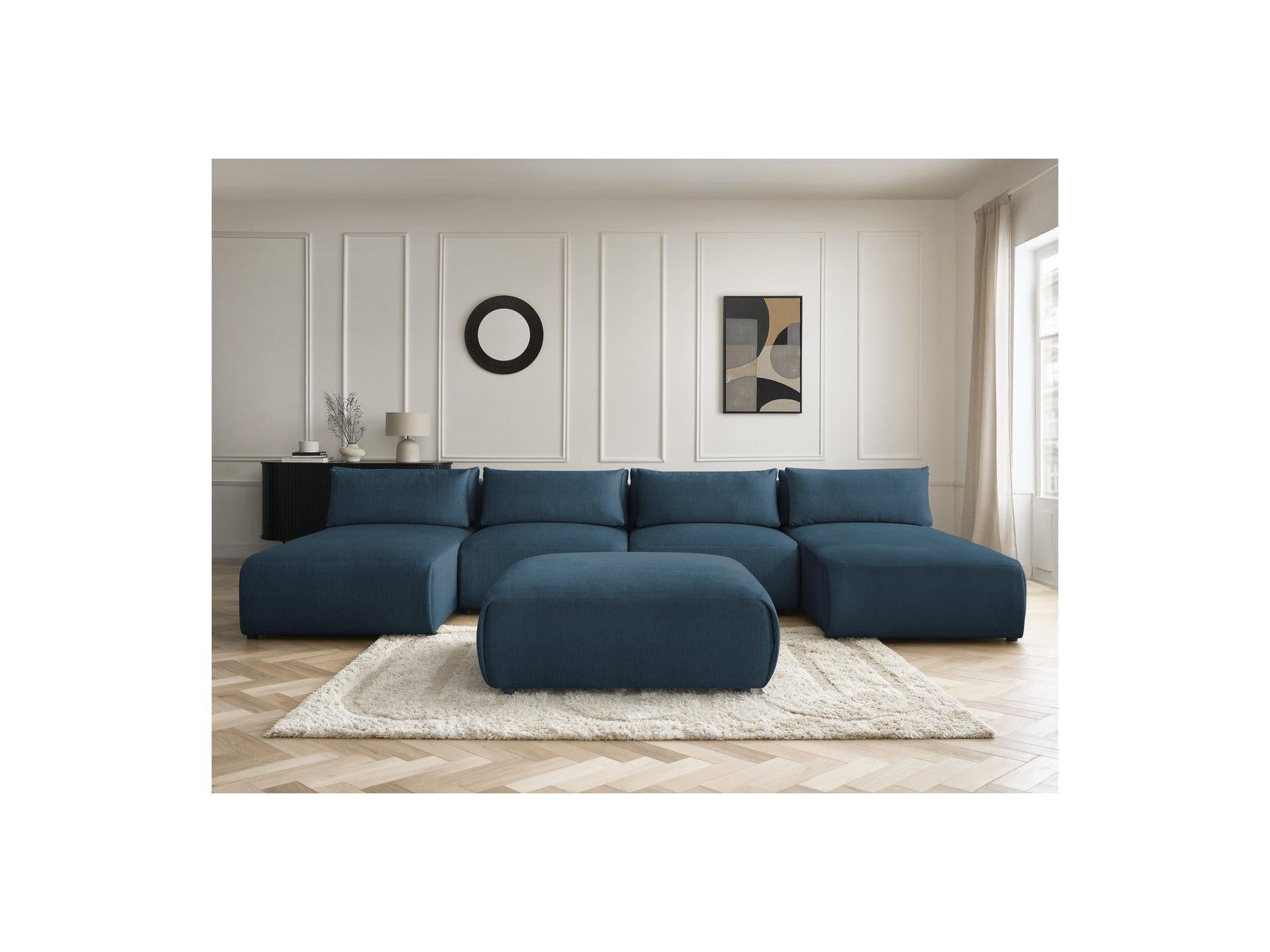 Jana - Canapé Panoramique Fixe Modulable Avec Têtières - Tissu Velours Avec 2 Méridiennes, 2 Chauffeuses Et 1 Grand Pouf