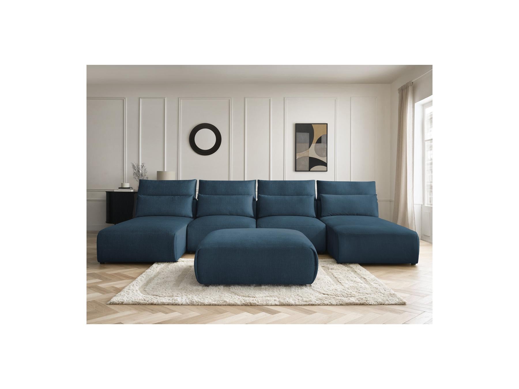 Jana - Canapé Panoramique Fixe Modulable Avec Têtières - Tissu Velours Avec 2 Méridiennes, 2 Chauffeuses Et 1 Grand Pouf