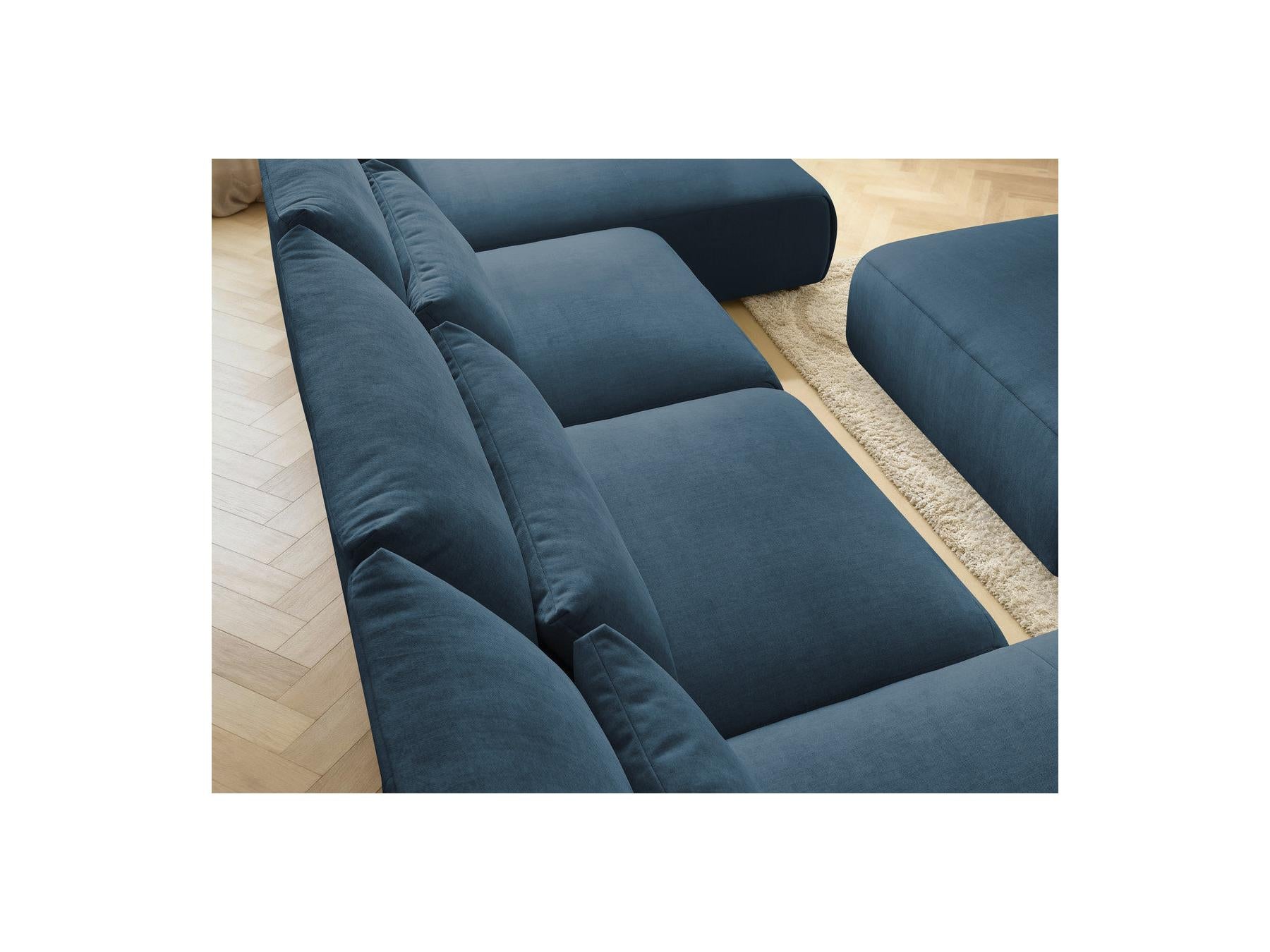 Jana - Canapé Panoramique Fixe Modulable Avec Têtières - Tissu Velours Avec 2 Méridiennes, 2 Chauffeuses Et 1 Grand Pouf