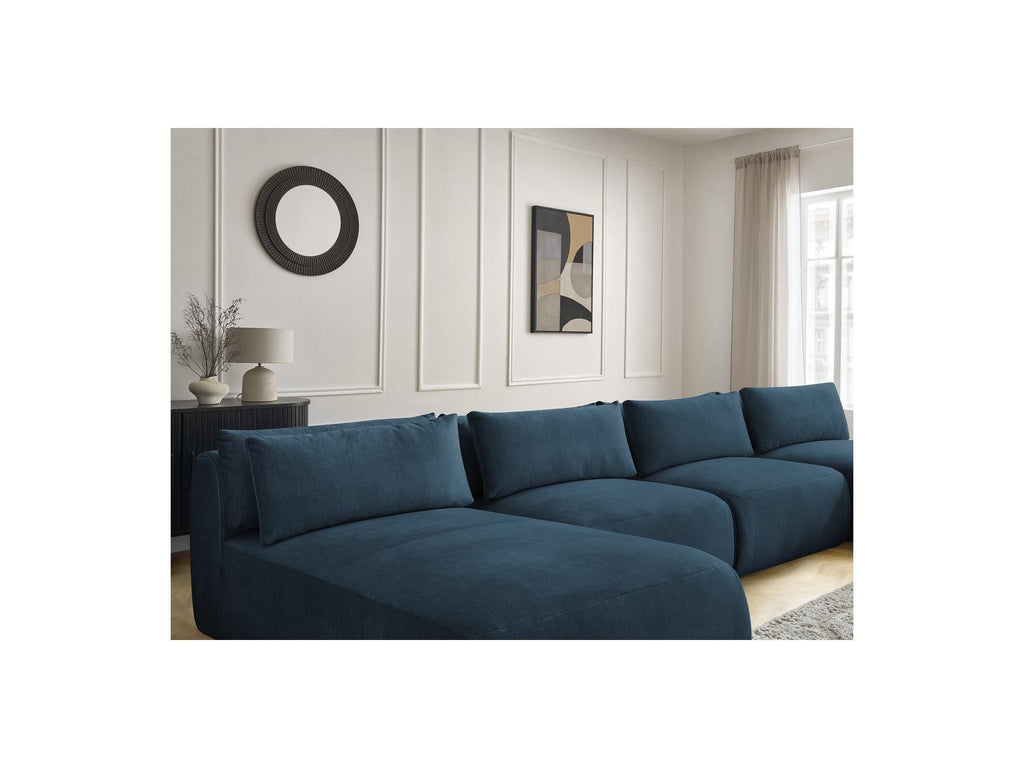 Jana - Canapé Panoramique Fixe Modulable Avec Têtières - Tissu Velours Avec 2 Méridiennes, 2 Chauffeuses Et 1 Grand Pouf