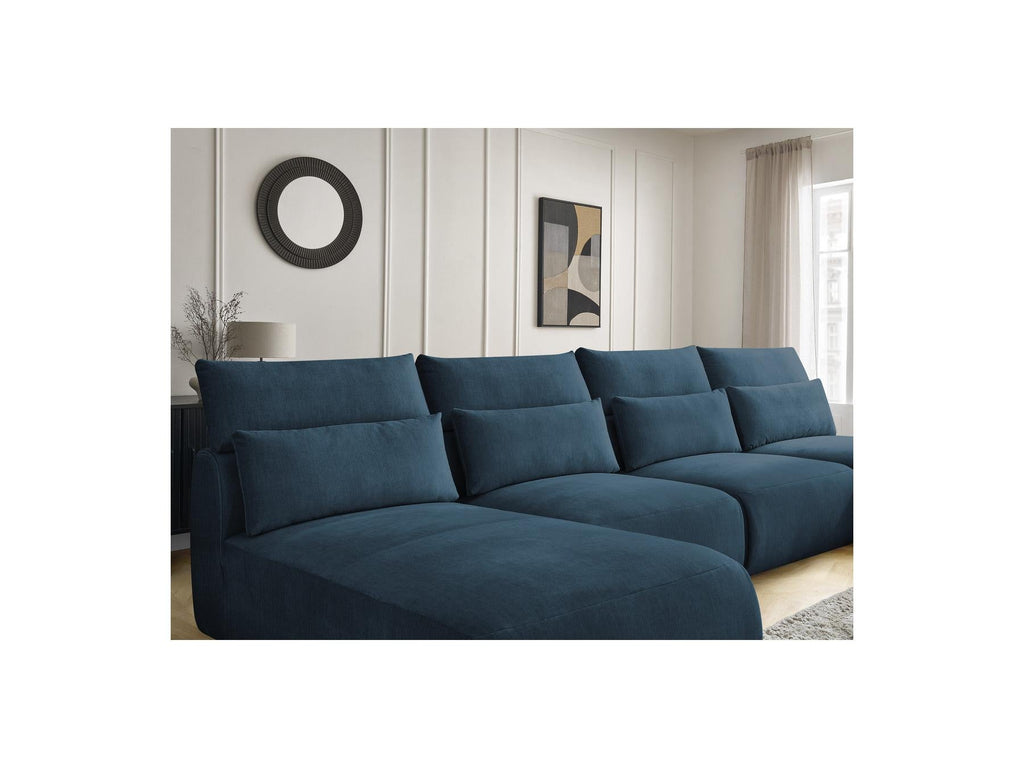 Jana - Canapé Panoramique Fixe Modulable Avec Têtières - Tissu Velours Avec 2 Méridiennes, 2 Chauffeuses Et 1 Grand Pouf