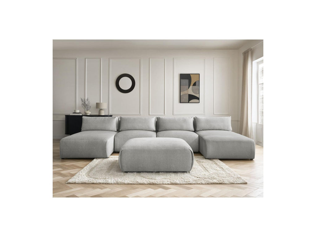 Jana - Canapé Panoramique Fixe Modulable Avec Têtières - Tissu Velours Avec 2 Méridiennes, 2 Chauffeuses Et 1 Grand Pouf