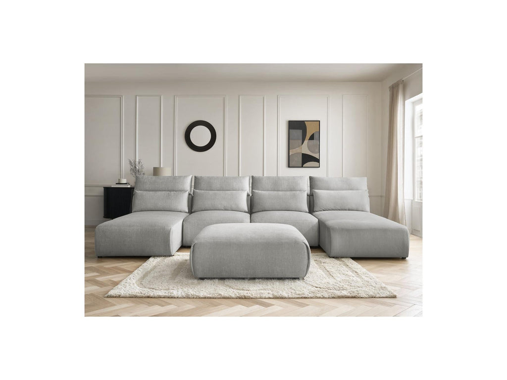 Jana - Canapé Panoramique Fixe Modulable Avec Têtières - Tissu Velours Avec 2 Méridiennes, 2 Chauffeuses Et 1 Grand Pouf