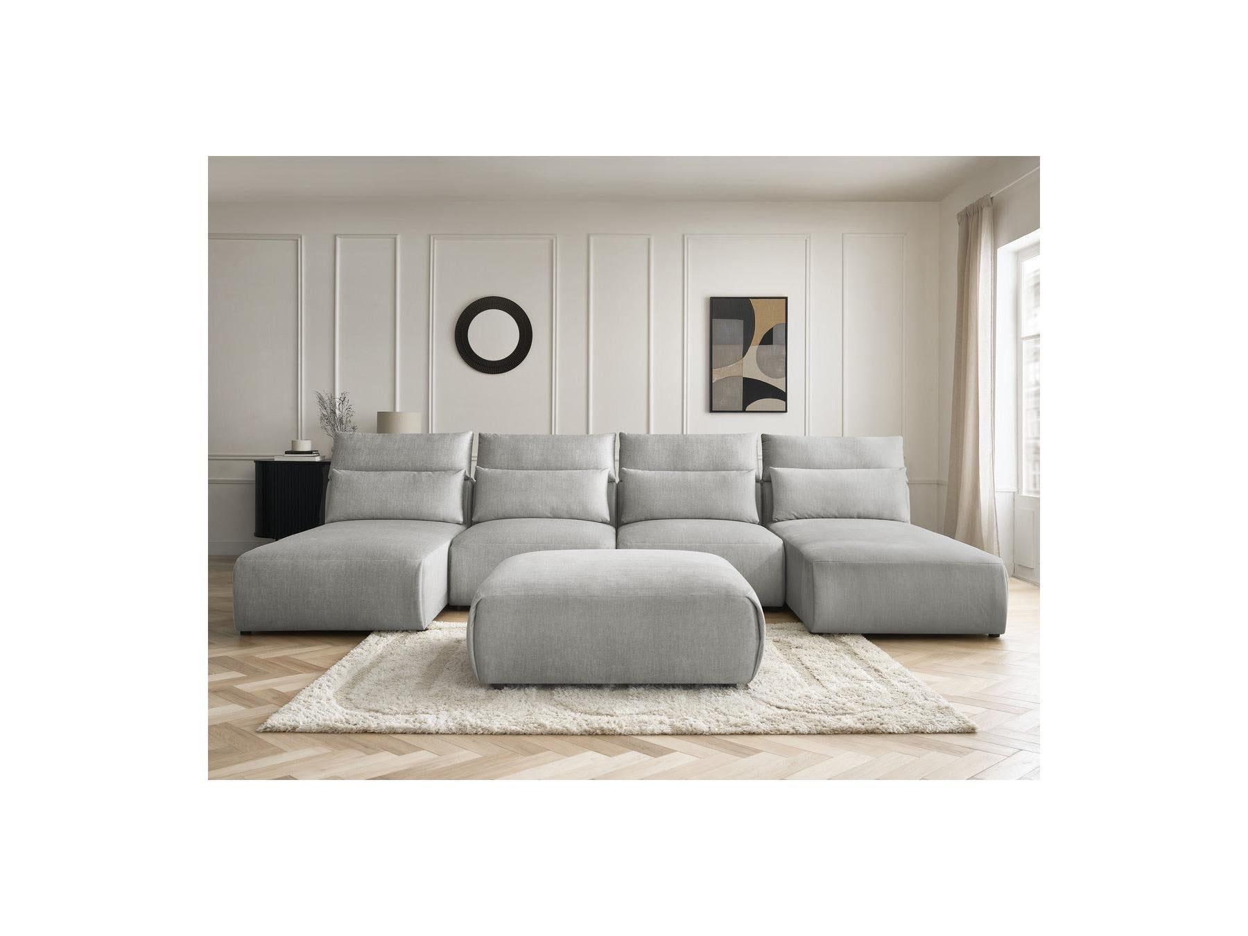 Jana - Canapé Panoramique Fixe Modulable Avec Têtières - Tissu Velours Avec 2 Méridiennes, 2 Chauffeuses Et 1 Grand Pouf