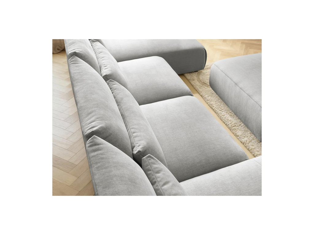 Jana - Canapé Panoramique Fixe Modulable Avec Têtières - Tissu Velours Avec 2 Méridiennes, 2 Chauffeuses Et 1 Grand Pouf