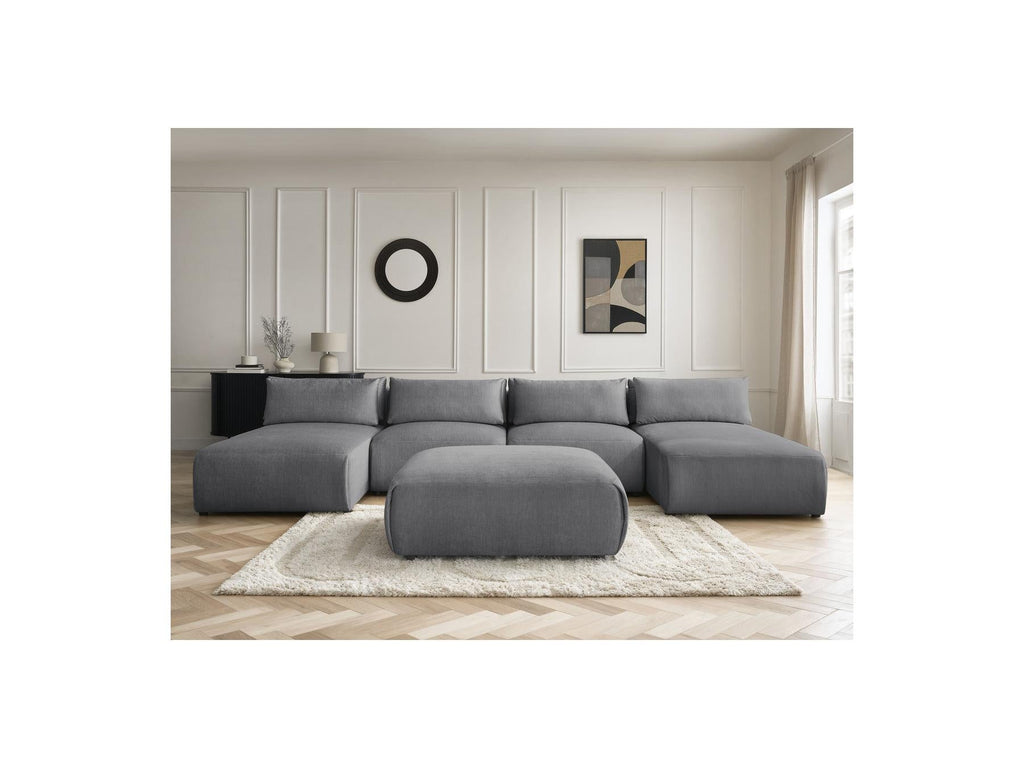 Jana - Canapé Panoramique Fixe Modulable Avec Têtières - Tissu Velours Avec 2 Méridiennes, 2 Chauffeuses Et 1 Grand Pouf